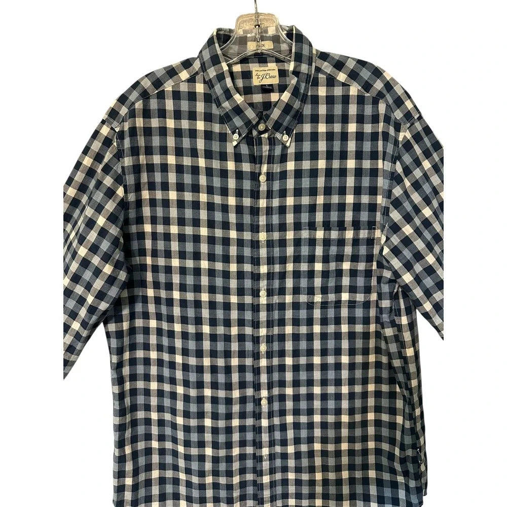 J Crew Mens Button Down Shirt Blue White Check Gingham Long Sleeve Cotton Size L